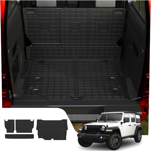 Dattumar Cargo Mat Compatible with 2021-2024 Jeep Wrangler JL 4xe Trunk Mat Cargo Liner All Weather Back Seat Cover 2023 Wrangler JL 4xe Accessories (2021-2024 JL 4XE,Trunk Mat+Backrest Mats)