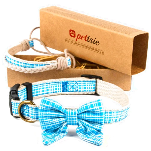 Pettsie Dog Collar, Bow Tie, Friendship Bracelet, 2 Easy Adjustable Sizes, Pet-Friendly Hemp, Comfortable and Soft for Sensitive Skin, Strong D-Ring for Accessories, Carton Box, M, Blue