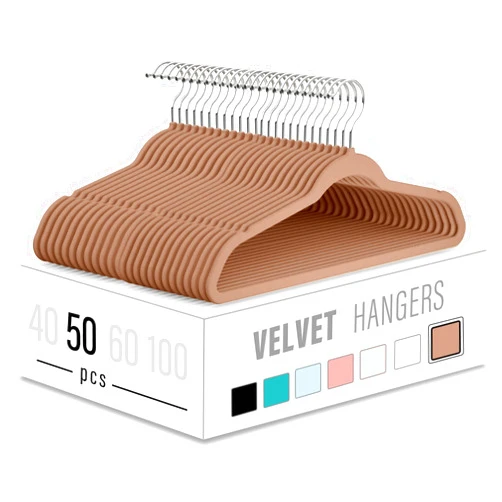 FEILIHU Velvet Clothes Hangers (50 Pack) Heavy Duty Durable Suit Hanger Vibrant Color Hangers Lightweight Space Saving Coat Hangers for Closet -Camel