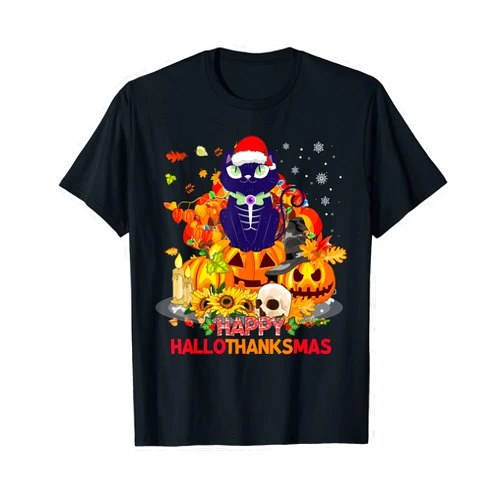 Happy Hallothanksmas Cats Tees Men Women Funny Cat Happy Hallothanksmas Halloween Thanksgiving Xmas T-Shirt