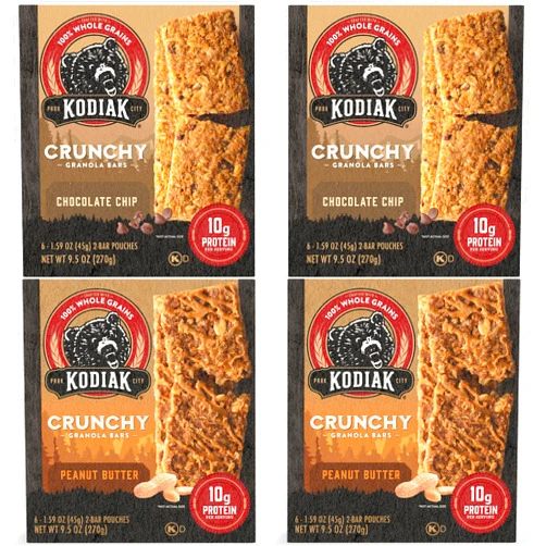 Kodiak Cakes Crunchy Granola Bar Variety Pack - Peanut Butter (2 boxes) and Chocolate Chip (2 boxes) High Protein Granola Bar Snack - 100% Whole Grain Granola Bars Bulk - (24) Total Pouches