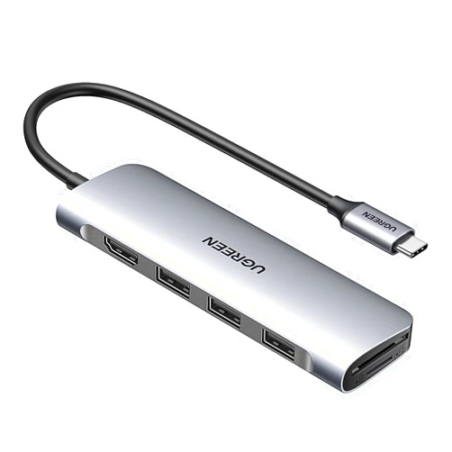 UGREEN Revodok USB C Hub 6 in 1 USB C Dongle 4K HDMI, 3 USB 3.0 Ports, SD/TF Card Reader Compatible with MacBook Pro, MacBook Air, iPad, iPhone 16 15 Pro/Pro Max. Silver