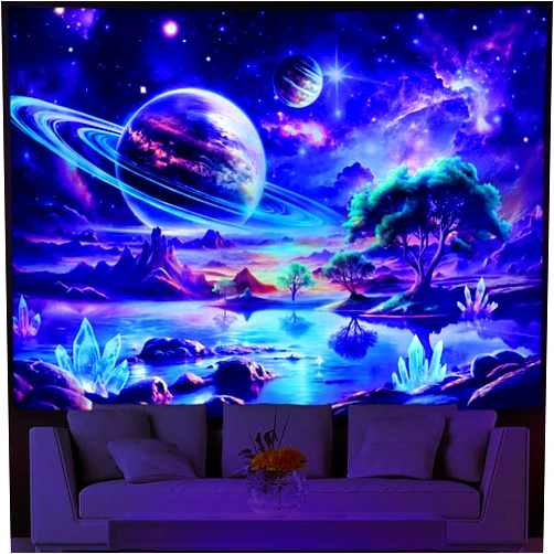 Lahasbja Blacklight Galaxy Space Tapestry UV Reactive Planet Wall Hanging Magical Trees Tapestries Cosmic Mountain Landscape Wall Decor Aesthetic Starry Night Backdrop for Bedroom