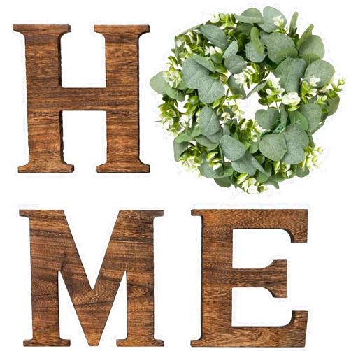 Mkono Farmhouse Wall Home Sign with Artificial Eucalyptus for O Rustic Wooden Hanging Letters Decorative Wall Art Decor for Living Room Kitchen Entryway Housewarming Gift, Brown