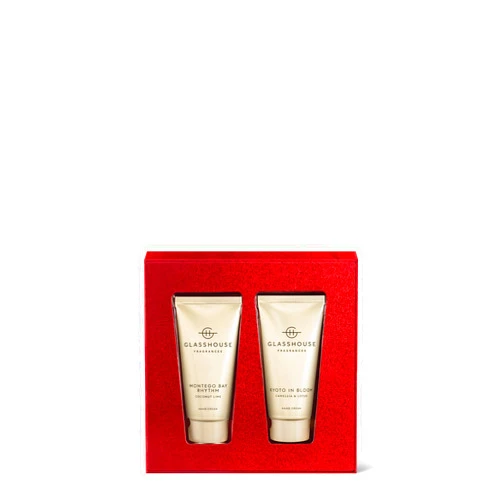 Glasshouse Fragrances Montego Bay Rhythm & Kyoto In Bloom Hand Cream Duo Gift Set, Moisturizing & Perfume Scented, Coconut & Lime + Camellia & Lotus, 1.7 Fl Oz Each