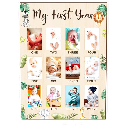 Colingmill My First Year Photo Display Board Wooden Baby Picture Frame 12 Months Newborn Photo Board First Birthday Nursery Decorations Gifts for Boys My First Year Jungle Baby Keepsake Board for Boys Girls