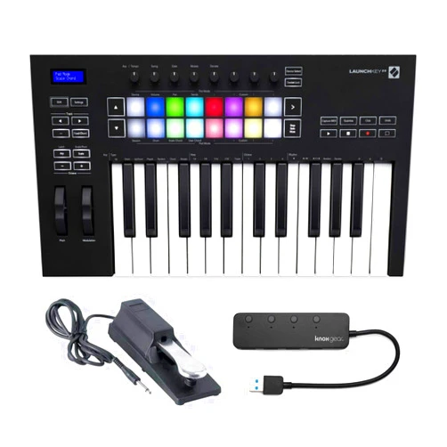 Novation Launchkey 25 (MK3) 25 Full Size Key MIDI Keyboard Bundle with Sustain Pedal and 4-Port USB 3.0 Hub (3 Items)