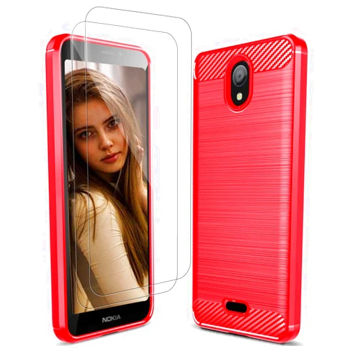 Vvoo for Nokia Phone C100 Case with Tempered Glass Screen Protector [2 Pack] Soft Rubber Slim TPU Brushed Texture Shockproof Anti-Drop Protective Phone Cover for Nokia C100 Case(Nokia C100 N152Dl) -RED