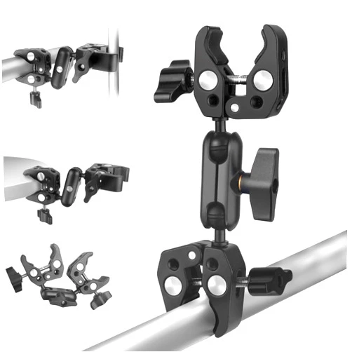 JEBUTU Double Clamp Camera Mount Magic Arm for Umbrella Pole, Double Mount Clamp Bracket, Umbrella Holder Clamp Clip for Stroller, Motorcycle, Photo Studio, Light Stand, Tripod, Reflector