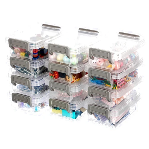 BTSKY 12 Pack Clear Plastic Bead Organizer, Small Storage Containers with lids, Stackable Mini Plastic Box with Grey Latch for Small Crafts Accessories Beads Jewelry Clips Candy, 4.7