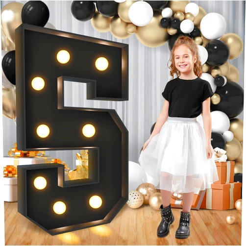 BASIFA 3.3FT Marquee Numbers, Black Light Up Numbers for 5th 15th 50th Birthday Party Decorations with Assembling Tools, Large Foamboad Mosaic Balloon Frame for Anniversary Engagement Party Decor, Number 5