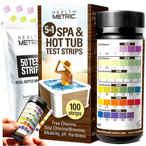 Health Metric Spa and Hot Tub Test Strips - 100 ct - 5 Way Chemical Testing Strip Kit Tester for Chlorine & Bromine Spas & Tubs - Calibrated for Warm Water to Maximize Accuracy - FC TC/TB Alkalinity pH & Hardness
