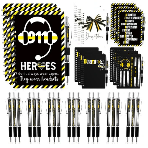 Eaasty 10 Set 911 Dispatcher Appreciation Week Gifts 911 Operator Dispatcher Spiral Notebook with Yellow Flag Ballpoint Pen Accessories for First Responders Police Emergency Dispatch Retirement