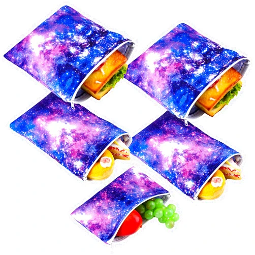 Zonon 5 Pieces Reusable Sandwich and Snack Bags Safe, Snack Bags with Zipper for Store Preserves, Snacks and Sandwiches, with 2 Large 2 Medium and 1 Small Bags (Galaxy Loop Pattern)