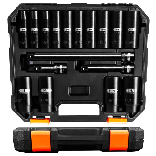 Pgroup 1/2 Inch Drive Deep Impact Socket Set, 17-Piece 6 Point Standard SAE Sizes (3/8 In to 1-1/4 In), Cr-V Steel, Includes 3