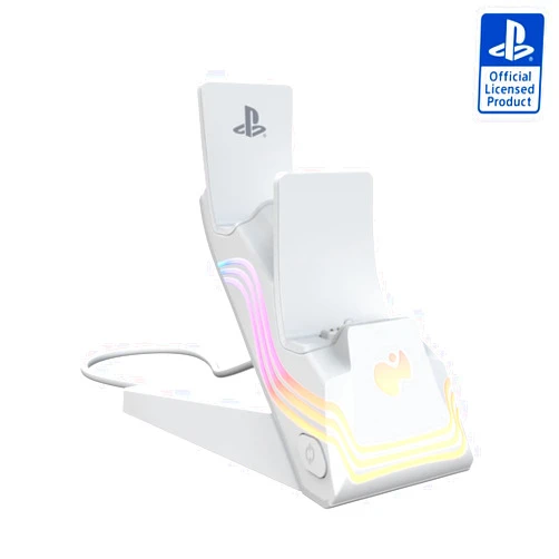 PDP Afterglow Wave LED Dual Gaming Charger for 2 PlayStation 5 DualSense Controllers, Compatible with PS5 and PS4, Customizable RGB Lighting Effects - White