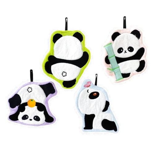 Tinymumu Cute Panda Hand Towels Set of 4 Soft Absorbent Funny Decorative Microfiber Coral Velvet Hanging Washcloths for Bathroom (Multi)