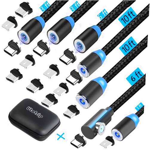 Utotrip Magnetic Charging Cable,(7-Pack,1ft/3ft/3ft/6ft/6ft/10ft/10ft) Magnetic Phone Charger,3-in-1 USB Magnetic Cable Compatible Micro USB,Type C(Black,Gen 1)