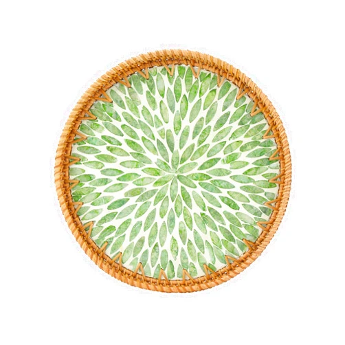 RGBDOT Rattan Serving Tray with Mother of Pearl Inlay for Home Decor and Coffee Table Decor Wicker and Woven Tray Round Decorative Serving Tray