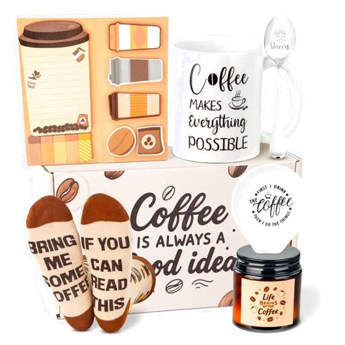Ithmahco Coffee Lover Gifts for Women Men - Includes Mug Spoon Rest Holder Candle Socks Sticky Notes Set, Coffee Gift Basket for Birthday Galentines Valentines Day Christmas Thanksgiving Gift Ideas