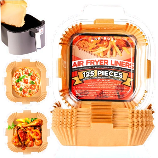 KITCHEPOOL Air Fryer Liners 6.3 inch, 125 Pcs Square Disposable Paper Liners with Four Handles, Oil-proof Water-proof Parchment Paper, Food Grade Cooking Paper for Air Frying, Baking, Roasting Microwave
