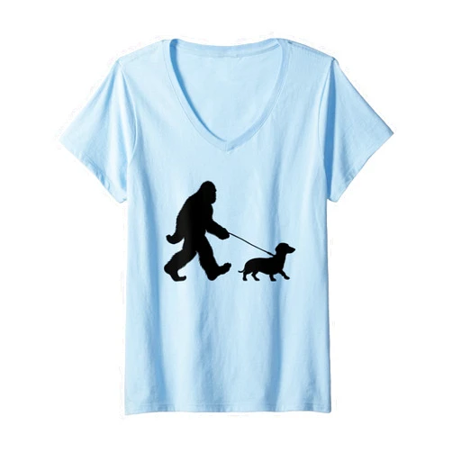 Retro Sasquatch Lover Doxie Wiener Dog Walker Womens Bigfoot Walking a Dog Funny Dachshund Weiner Dog Dad Weenie V-Neck T-Shirt