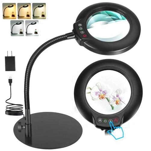 IVMAIE 10X Magnifying Glass with Light, Real Glass Lens, 5 Color Modes Dimmable, Flexible Gooseneck Lighted Magnifier with Stand, LED Desk Lamp Hands Free for Crafts Painting Sewing Reading Close Work