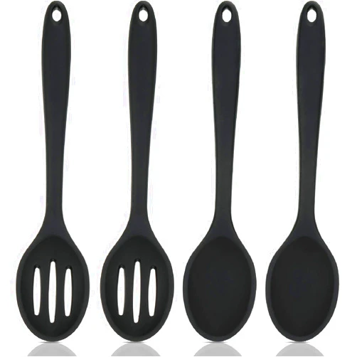 Boao 4 Pcs Silicone Cooking Spoons Set Silicone Serving Spoon Silicone Nonstick Mixing Spoons Slotted Spoons Large Nonstick Heat Resistant Spoons for Kitchen Cooking Bake Stir (Black)