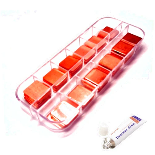 Easycargo 100pcs 12 sizes 15mm Copper Pad Shim Thermal Kit, Pure Copper Heatsink C1100, Low Profile Copper Plate Cooler for Cooling PC Laptop IC Chips CPU VGA RAM VRAM PS5 M.2 SSD (with Glue)
