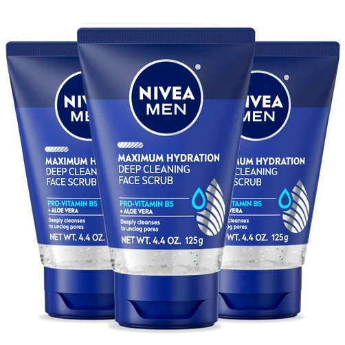 NIVEA MEN Maximum Hydration Deep Cleaning Face Scrub With Aloe Vera, 3 Pack of 4.4 Oz Tubes