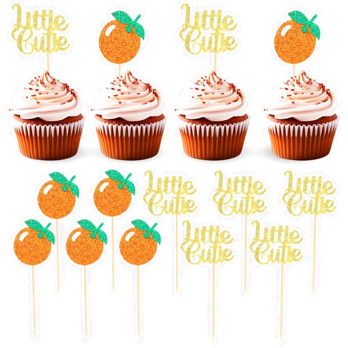 Salbsever 24 Pcs Little Cutie Cake Topper Orange Cupcake Toppers Glitter Orange Cupcake Picks for Birthday Party Tangerine Theme Fruit Party Cake Decoration Supplies