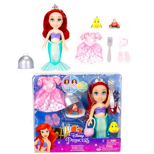 Disney Princess Ariel Doll Sea to Land Petite Ariel Doll with Sebastian & Flounder, in Mermaid Tail and Pink Dress Fashions