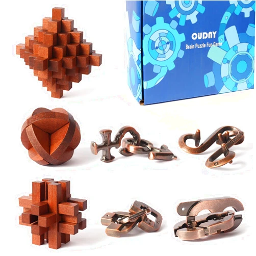 CUDNY 7 Pieces Unlock Interlock Brain Teaser Games Retro Wooden and Metal Puzzles IQ Logic Fun Puzzle Box
