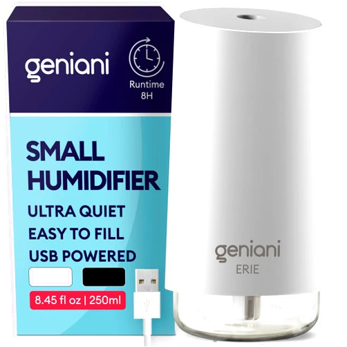 GENIANI Portable Cool Mist Humidifiers for Bedroom & Office - Ultrasonic Humidifier for Home, Baby, Small Room with Auto Shut Off, 250ML Easy to Clean Water Tank