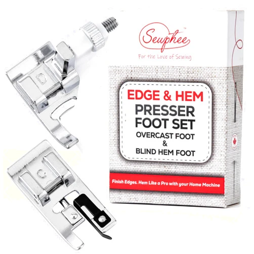 Sewphee Edge & Hem Presser Foot Set – Blind Hem Presser Foot and Overcast Overlock Attachment for Low Shank Sewing Machines - A Fabric Edge Finishing and Invisible Hemming Combo Pack