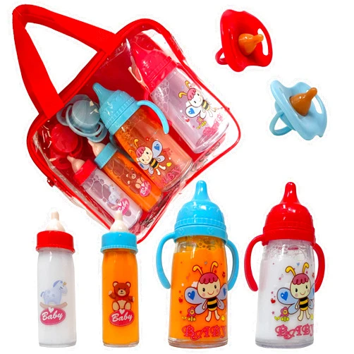 The New York Doll Collection Baby Doll Bottles with Magic Disappearing Milk & Juice Playset, 6pc Pretend Baby Doll Accessories Set 4 Doll Feeding Toy Bottles and 2 Pacifiers, Great Gift for Kids, Toddlers and Little Girls