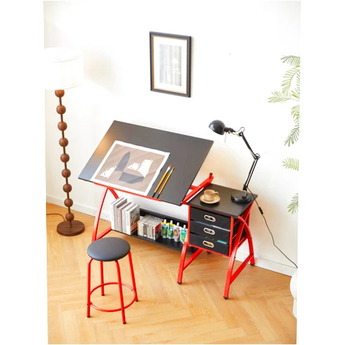LOPOO Drafting Table Adjustable Large Desktop, Modern Metal Artist Drawing Table, Multi-Functional 0-75° Tiltable Tabletop Art Desk and Painting Station with 3 Storage Drawers and Stool, Red-Black