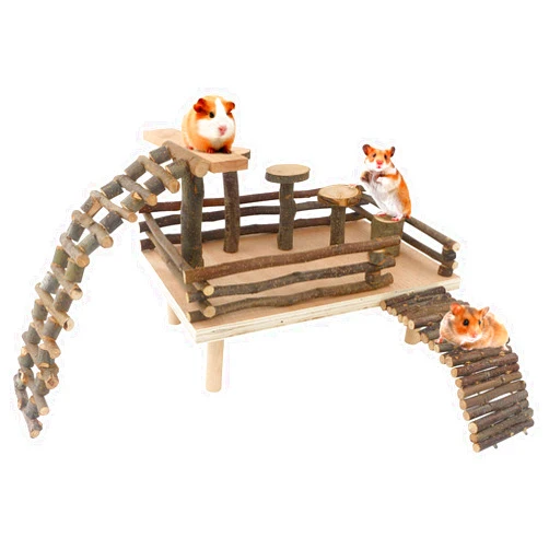 HOSUKKO Hamster Climbing Toys Wooden Hamster Playing Activity Set, Hamster Activity Playground Climb Platform Apple Wood Chewing Toys for Hamster Small Pets (D-Playground with Large Bridge)