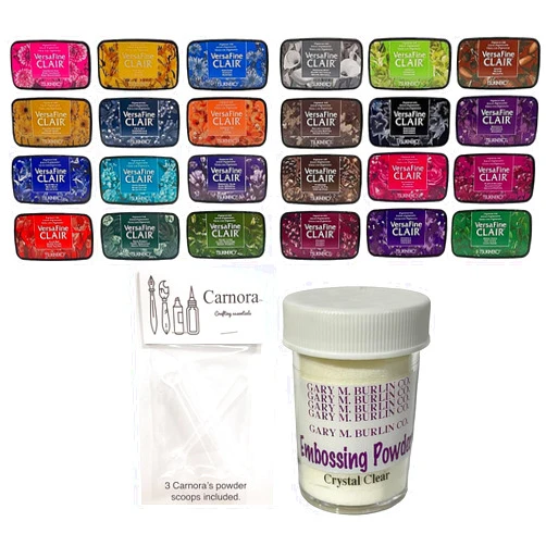 Tsukineko Versafine Clair Ink Pads, 24 Colors, 1 oz Gary Burlin Clear Embossing Powder, 3 Carnora Embossing Powder Scoops
