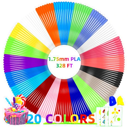 Geeetech 20 Colors PLA 3D Pen Filament Refills, 1.75mm 3D Pen Filament, Each Color 16.4ft, Total 328ft, Pack with 2 Finger Caps and 200+ Stencils eBook, Compatible with SCRIB3D MYNT3D 3D Pens