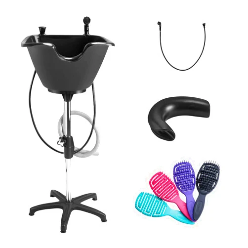 Dompel Wash Unit with Headrest and Set of 4 Hair Brushes | Handicap & Disabled, Seniors | Hairstylist, home services | Portable Shampoo Bowl with Chrome Steel Structure | Includes Drain Hose, Faucet