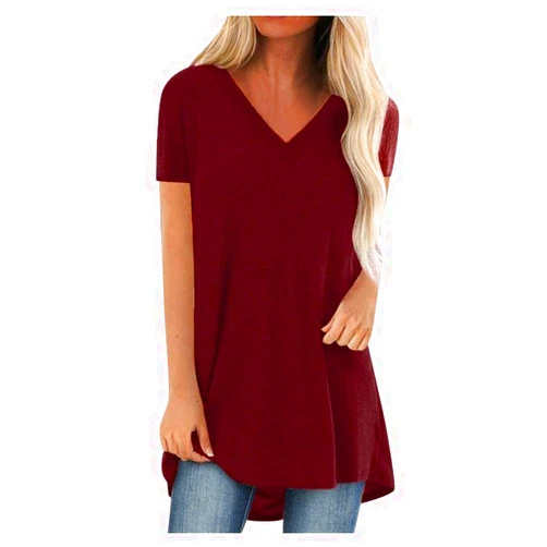 2021 T Shirt for Women Casual Short Sleeved Long Tunic Shirts Oversized Tops Summer Round Neck Blouse Red