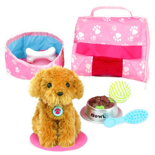 Sophia's Golden Plush Puppy Dog and Accessories Set with Leash, Food Bowl, Brush, Ball, Bone, Bed, Blanket, and Carrier Sized for 18