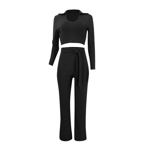 Generic Ladies Europe And America Fashion Solid Color Deep V Lapel Micro Cropped Pants Two Piece Set Yoga2024Set for