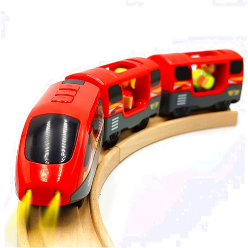DSHMIXIA Battery Operated Trains for Wooden Train Track Set Locomotive with Light for Toddlers 3 4 5 Year Old Boys Red High Speed Magnetic Couplings with Passengers(Without Battery)