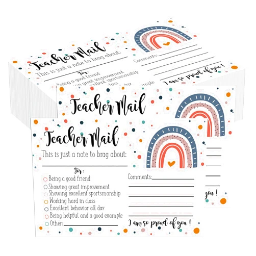 BelleAngle 50Pcs Teacher Mail Notes to Parents, Boho Rainbow Postcards Classroom Good Behavior Incentive Cards to Send Home for Kindergarten Elementary Preschool Teacher Supplies