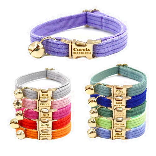 YUNMARY Personalized Cat Collar with Pet Name Phone Number Engraved Metal Buckle Personalized Adjustable Velvet Cat ID Collars with Bell for Kids and