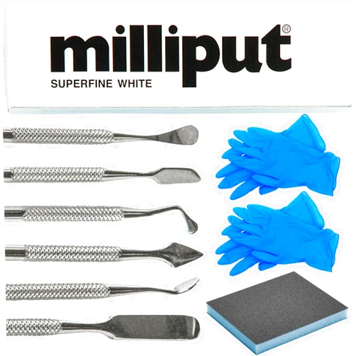Creative Crafters Milliput Plumbers Putty 10 Piece Set, Superfine White - with Sculpting Tools, Sanding Pad and Gloves - Ceramic Tile, Fiberglass Tub, Bath, Sink and Porcelain Repair Kit - 2 Part Epoxy Modeling Clay
