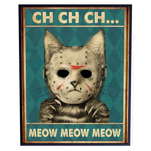 YELLOWBIRD ART & DESIGN Cat Wall Art & Decor - Friday the 13th Wall Art - Halloween - Tabby cat - Jason Horror Movie - Funny Kitty Gifts for Men - Scary Kitten Poster - 8x10 UNFRAMED Print