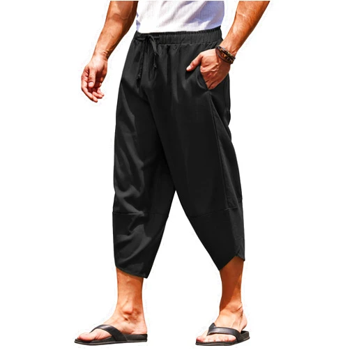 COOFANDY Men's Linen Harem Capri Pants Lightweight Loose 3/4 Shorts Drawstring Elastic Waist Casual Beach Boho Yoga Trousers